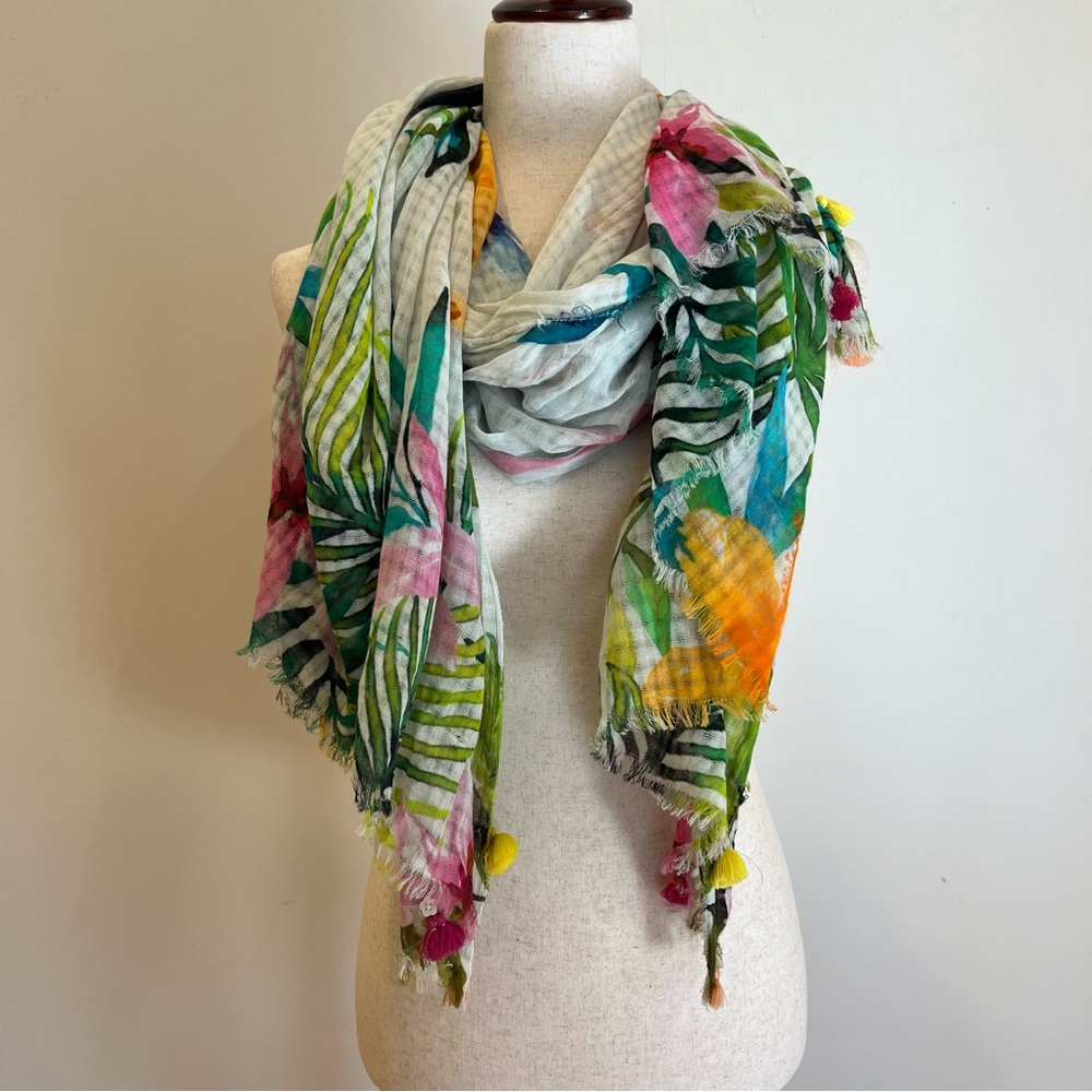 Soft Surroundings Jungle Print Gauzy Scarf Wrap OS Tiger Birds Tropical Tassels